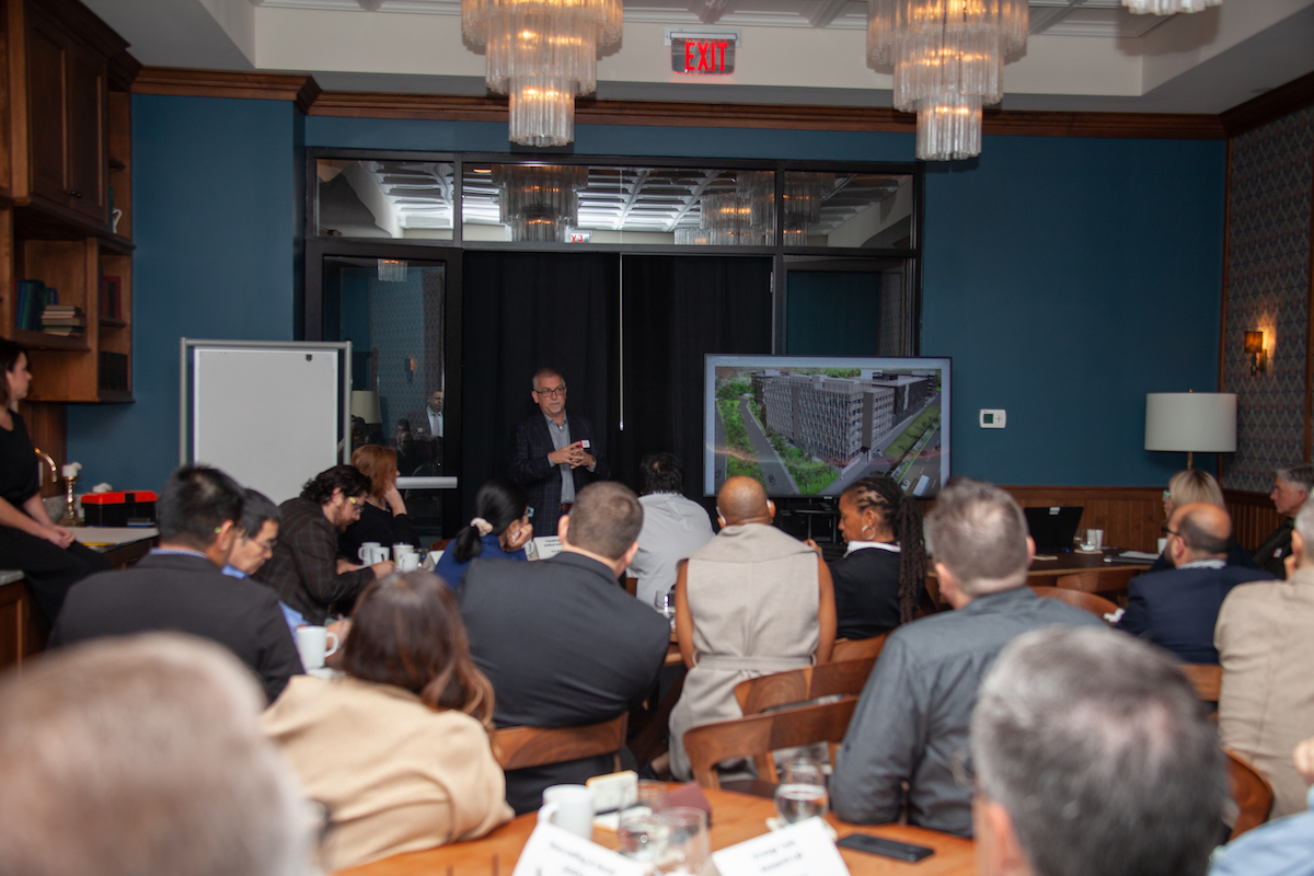 Vice President for Research Patrick Limbach gives a presentation about the Digital Futures building to the research teams at the Digital Futures Retreat in fall 2019. 