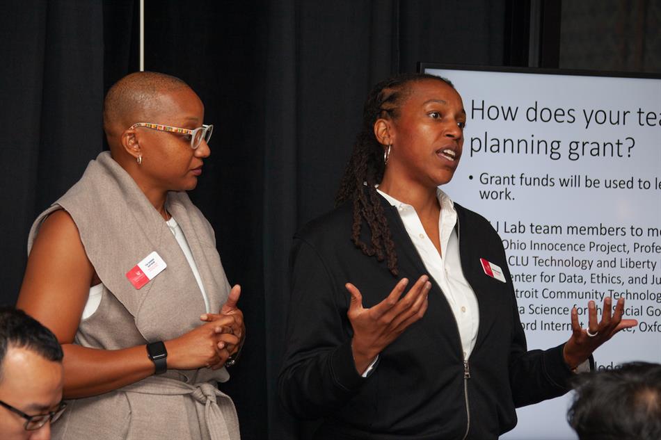 Brandi Blessett, right, and Tia Gaynor present on their Administrative Law and Justice Lab, a part of the University of Cincinnati’s Digital Futures Initiative in 2019. Ravenna Rutledge/ University of Cincinnati