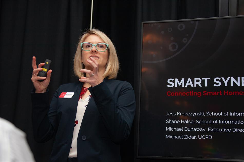 Jess Kropczynski talks about her team's Digital Futures project Smart Synergies, which looks to connect smart homes to smart cities. Ravenna Rutledge/ University of Cincinnati